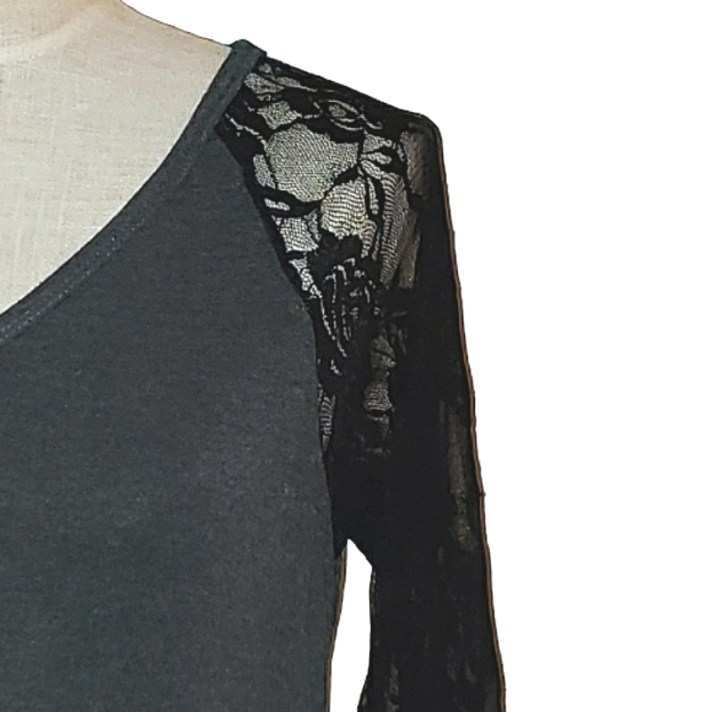 Goo Yoo Sheer Floral Black Lace Raglan Sleeves High Low Hem Gray Tunic Top M/L - Picture 8 of 16